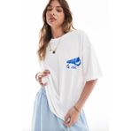 The Champ Clothing Kadın Beyaz Oversize Yazlık Tişört – Le Soleil Deniz Kabuk ve Tropikal Arkası Baskı, Rahat Kesim