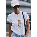 The Champ Clothing Kadın Oversize Tişört Bambino Bear Baskılı Beyaz – Bisiklet Yaka, Rahat Kalıp, %100 Pamuk