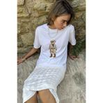 The Champ Clothing Kadın Oversize Tişört Trench Bear Baskılı Beyaz – Bisiklet Yaka, Rahat Kalıp, %100 Pamuk