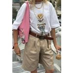 The Champ Clothing Kadın Preppy Ayıcık Baskılı Beyaz Oversize Kolej Stili Tişört