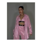 The evecen Özel Tasarım Pembe Simli Takım Pantolon Ceket Bralet Pembe M/L