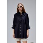 The Fancy Kadın Apoletli Katlamalı Uzun Kol Oversize Gömlek - Standart - Siyah