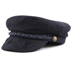 The Hat Depot Kış Üniseks Yün ve Suni Deri Yunan Balıkçı Denizci Kemancı Sürücü Şapkası Düz Şapka, Lacivert, L-XL