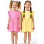 The Littles Kids Kız Çocuk Sarı ve Pembe Renk Kolları Fırfırlı Düğmeli Pamuklu Waffle Kumaş 2 Adet Yazlık Elbise(Toka Hediyeli) - 6 - 7 Yaş - Sarı - Pembe