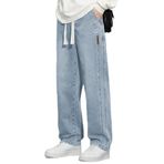THE RULE Erkek Buz Mavi Baggy Beli Lastikli Likralı Düz Paça Bol Kesim Esnek Jean Denim Kot Pantolon Rf0484 Buz Mavisi L