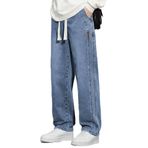 THE RULE Erkek Mavi Baggy Beli Lastikli Likralı Düz Paça Bol Kesim Esnek Jean Denim Kot Pantolon Mavi M