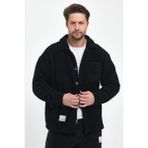 The Rule Erkek Siyah Peluş Oversize Fit Gömlek Yaka Kışlık Rahat Tek Cepli Ceket RF0457 - XL