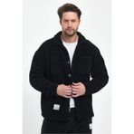 THE RULE Erkek Siyah Peluş Oversize Fit Gömlek Yaka Kışlık Rahat Tek Cepli Ceket