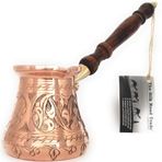 The Silk Road Trade - PC Serisi (Büyük) - En Kalın Katı Bakır Oyma ve Dövülmüş Türk Yunan Arap Kahve Demliği Ahşap Sap, Ağır Hizmet Tipi Ocak Üstü Kahve Makinesi, Cazve, Cezve, Ibrik (414 ml)