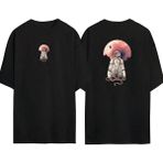 The Wert Astronot Takım Elbise Çizimi ve Ay Ön Arka Baskılı Sıyah Oversize T-Shirt - XL - Siyah