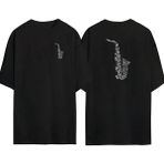 The Wert Notalar ve Saksafon Ön Arka Baskılı Sıyah Oversize T-Shirt - M - Siyah