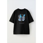 The Wert Unisex Dikenli Tel Kelebek Tasarım Baskılı Pamuk Sıyah Oversize T-Shirt - Siyah