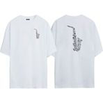 The Wert Unisex Notalar ve Saksafon Ön Arka Baskılı Beyaz Oversize T-Shirt - M