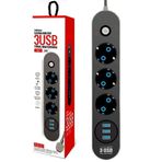 The Wlue Çoklu 3'lü Priz, 3xUSB Çıkışlı, 10A, 2500 Watt, 2 Metre Uzatma Kablosu, Anahtarlı, Çocuk Korumalı, Siyah