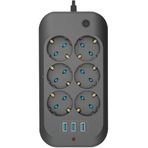 The Wlue Çoklu Priz, 6'lı, 3 USB Port 3.4A, 2500W, 2M Kablo, Akım ve Çocuk Korumalı, Anahtarlı, Siyah