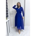 The ZKS Kadın Kruvaze Yaka Kuşaklı Şık Günlük Midi Şifon Elbise Beyaz , Haki, Kırmızı, Saks, Yeşil, Siyah - 3XL - 008 Saks