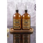 TheBRo 500ML Amber Renkli Ahşap Stantlı Vintage Desenli Cam Yağdanlık 2'li Set Zeytinyağı Sıvıyağ Şişesi