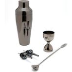 TheBRo 550ml Parlak Siyah French Shaker ,Jigger,Şişe Dökücü Ve Çatallı Bar Kaşığı Kokteyl Seti