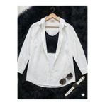 thefun fashion Kadın Oversize Kesim Dokuma Keten Uzun Kollu Beyaz Gömlek %100 Pamuk