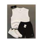 thefun fashion Unisex Kapitone Hava Alan Kumaş Bisiklet Yaka Kolsuz Siyah Tişört Ve Beyaz Şort Takım