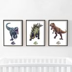 Themed Jurassic World Print - Dinozor Eskizler 3'lü Set Çocuk Yatak Odası Duvar Sanatı (Beyaz Çerçeve, A3)