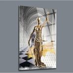 Themis Heykeli Avukatlık Ofisi Cam Tablo, 4mm Temperli Cam, 70x110 cm, Adalet Teması