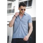 Theo Slim Fit Esnek Likralı Kısa Kol Ayaklı Yaka Erkek Gömlek - Gri