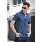 Theo Slim Fit Esnek Likralı Kısa Kol Ayaklı Yaka Erkek Gömlek - Petrol Yeşili
