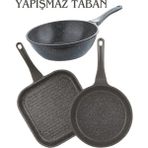 Thermoad Granit Wok Tava + 2'li Frapan Kare Tava Seti (28 cm Grill, 26CM )- Gri