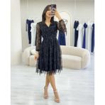 Thezkscom-Kadın V Yaka Pul Payet Büyük Beden Abiye Elbise Siyah - 2XL