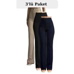 THIFF GYMWEAR Kadın Palazzo Pantolon 3’lü Set – Siyah Bej Lacivert, Krep Likralı, Yüksek Bel Jogger Kesim