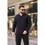 Thmany Erkek Keten Müslin % Pamuk Düğmeli Gömlek Yaka - 2XL - 0-Siyah