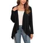 TIANZHU Bayan örgü ceket, önü açık, uzun kollu, drapeli, fırfırlı, büzme ipli, gündelik ve iş için, S-2XL, Siyah, XL