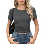 TIANZHU Kadın Nervürlü Crop-Top Yuvarlak Yaka Kısa Kollu Tişört Günlük Giyim, AB 34-56, Koyu gri., L