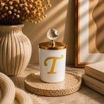 Tiem Concept Kişiye Özel Harfli Kokulu Bardak Mum - Kristal Tepelikli Özel Tasarım Beyaz Cam Mum, Ev ve Oda Kokusu, Hediyelik Dekoratif Mum 150g (Gold, Okyanus, T)