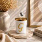 Tiem Concept Kişiye Özel Harfli Kokulu Bardak Mum - Kristal Tepelikli Özel Tasarım Beyaz Cam Mum, Ev ve Oda Kokusu, Hediyelik Dekoratif Mum 150g (Gold, Sandal Ağacı, G)