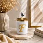 Tiem Concept Kişiye Özel Harfli Kokulu Bardak Mum - Kristal Tepelikli Özel Tasarım Beyaz Cam Mum, Ev ve Oda Kokusu, Hediyelik Dekoratif Mum 150g (Gold, Vanilya, F)