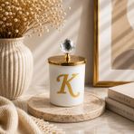 Tiem Concept Kişiye Özel Harfli Kokulu Bardak Mum - Kristal Tepelikli Özel Tasarım Beyaz Cam Mum, Ev ve Oda Kokusu, Hediyelik Dekoratif Mum 150g (Gold, Vanilya, K)