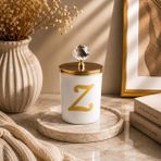 Tiem Concept Kişiye Özel Harfli Kokulu Bardak Mum - Kristal Tepelikli Özel Tasarım Beyaz Cam Mum, Ev ve Oda Kokusu, Hediyelik Dekoratif Mum 150g (Gold, Vanilya, Z)