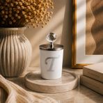 Tiem Concept Kişiye Özel Harfli Kokulu Bardak Mum - Kristal Tepelikli Özel Tasarım Beyaz Cam Mum, Ev ve Oda Kokusu, Hediyelik Dekoratif Mum 150g (Silver, Okyanus, T)