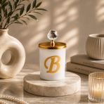 Tiem Concept Kişiye Özel Harfli Kokulu Bardak Mum - Kristal Tepelikli Özel Tasarım Beyaz Cam Mum, Ev ve Oda Kokusu, Hediyelik Dekoratif Mum 150g (Silver, Sandal Ağacı, B)