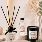 Tiem Concept Vanilya Kokulu 3’lü Dekoratif Oda Kokusu Seti – 100 ml Çubuklu Oda Kokusu + 100 ml Yedek + Cam Bardak Mum – Hediye Seti (Siyah)