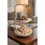 Tiesa Home 2 Katlı Yuvarlak Gold Metal Standlı Seramik Sunumluk Şekerlik Lokumluk Kurabiyelik