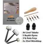 Tifoys Linol Tabaka Linol Muşamba Levha 2.5 mm 20X30 cm 3'lü Sünger Rulo Merdane 5'li Oyma Seti Baskı - Gri