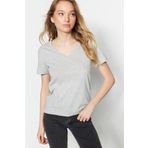 Tight Lady %100 Pamuk Süper Kalite Gri Melanj V-yaka Kadın Basic Tişört Örme Pamuk Penye T-shirt