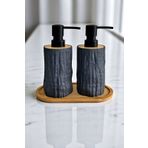 Tilbe Home 2li Bambu Detaylı Sıvı Sabunluk Seti 500ml Hands Dishes Mutfak Banyo Taş Figürlü Bambu Stantlı Set