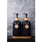 Tilbe Home 2’li Hands Dishes Siyah Dekoratif Mutfak Banyo Sıvı Cam Sabunluk Seti 500ml Bambu Stantlı Set