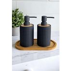 Tilbe Home 2li Retro Still Sıvı Sabunluk Seti 500ml Mutfak Banyo Hands Dishes Kare Figürlü Bambu Stantlı Set