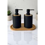 Tilbe Home 2li Retro Still Sıvı Sabunluk Seti 500ml Mutfak Siyah Hands Dishes Kare Figürlü Bambu Stantlı Set