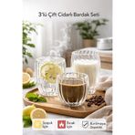 Tilbe Home 3’lü Çift Cidarlı Burgulu Kristal Cam Bardak Seti – Sıcak & Soğuk Çay Kahve Süt Kupası Retro Seti
